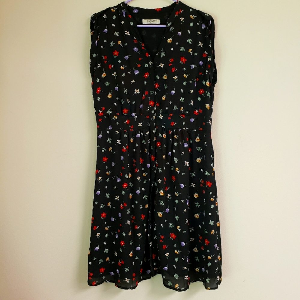 Romy black floral sleeveless midi A-line dress size xl
